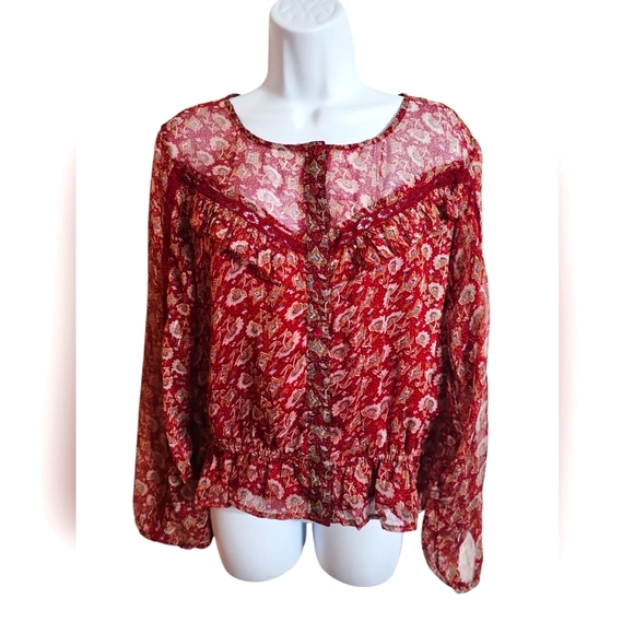 American Eagle Outfitters Sheer Red Floral Peplum Blouse Lace Trim Button Front - Picture 2 of 7